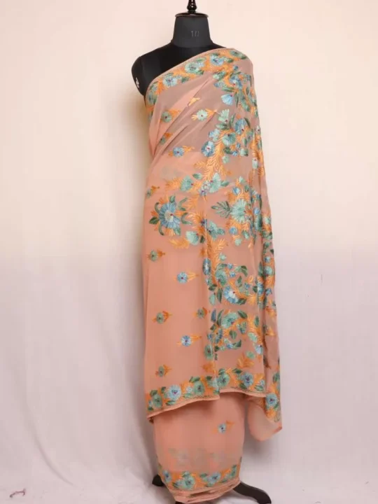 Pastel Shade Georgette Saree With Kashmiri Aari Embroidery