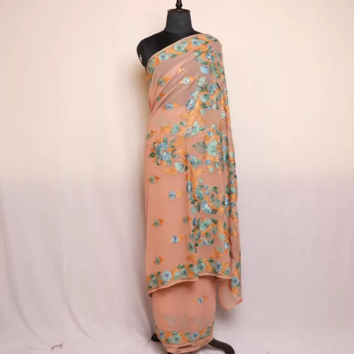 Pastel Shade Georgette Saree With Kashmiri Aari Embroidery