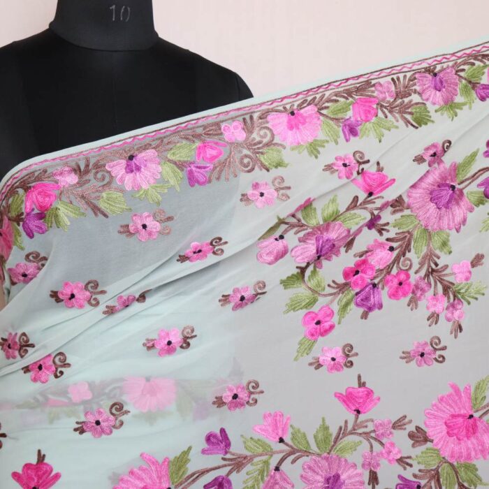 Georgette Saree Light green With Kashmiri Aari Embroidery - Khizan Collection - Image 2