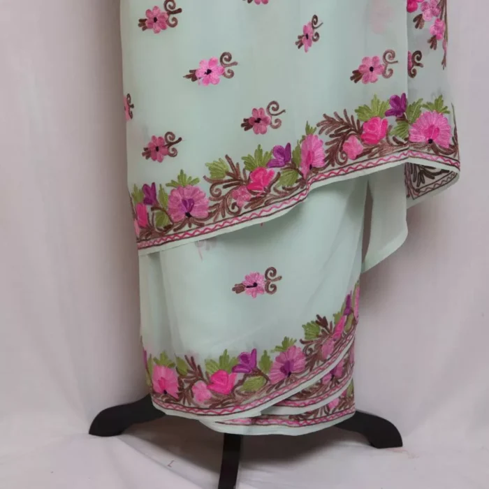 Georgette Saree Light green With Kashmiri Aari Embroidery - Khizan Collection - Image 3