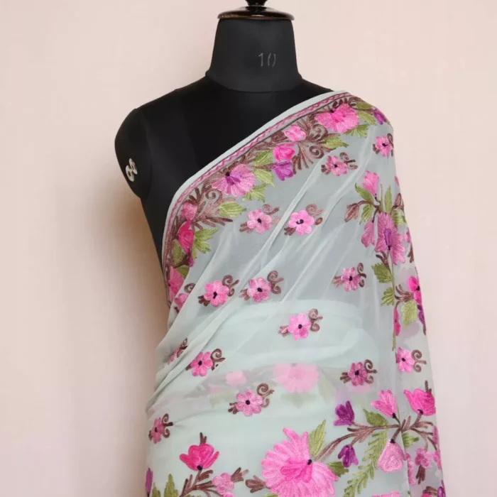 Georgette Saree Light green With Kashmiri Aari Embroidery - Khizan Collection - Image 4