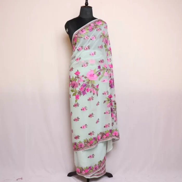 Georgette Saree Light green With Kashmiri Aari Embroidery - Khizan Collection