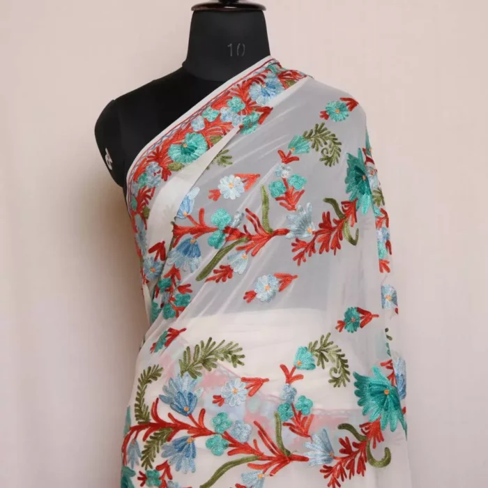 White Georgette Saree With Kashmiri Aari Embroidery - Khizan Collection - Image 2