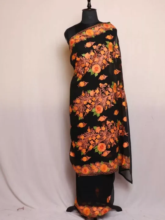 Black Georgette Saree With Wazul Kashmiri Aari Embroidery - Khizan Collection