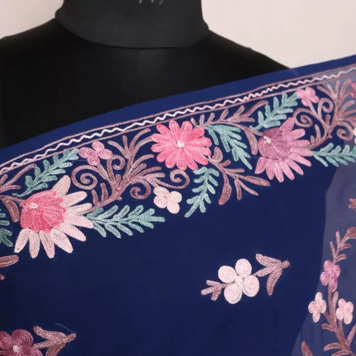 Blue Georgette Saree With Pink Kashmiri Aari Embroidery - Khizan Collection - Image 5