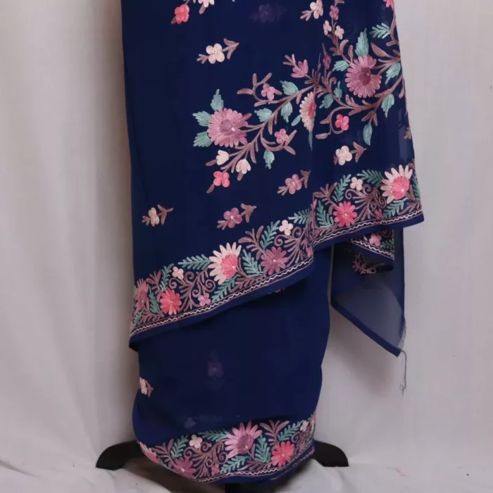 Blue Georgette Saree With Pink Kashmiri Aari Embroidery - Khizan Collection - Image 3