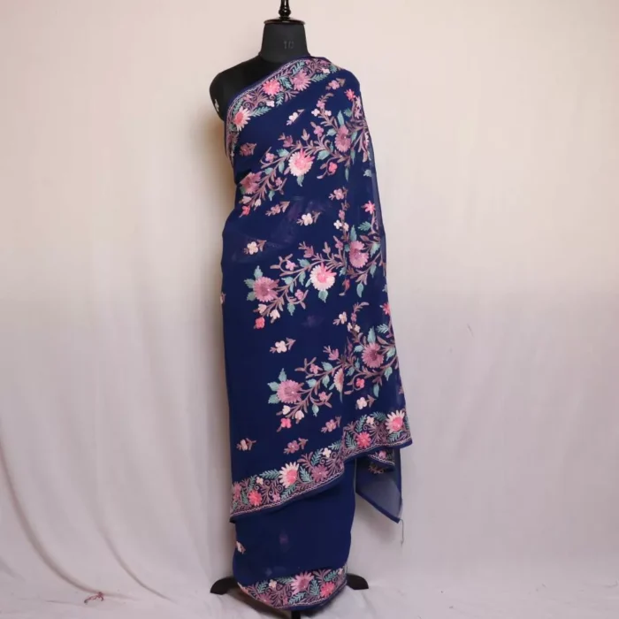 Blue Georgette Saree With Pink Kashmiri Aari Embroidery - Khizan Collection