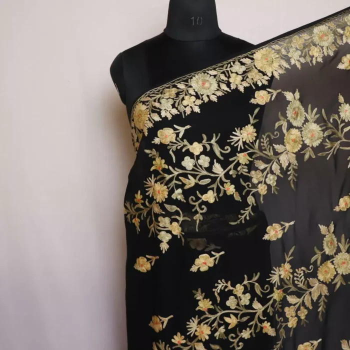 Black Georgette Saree With Kashmiri Aari Embroidery - Khizan Collection - Image 4