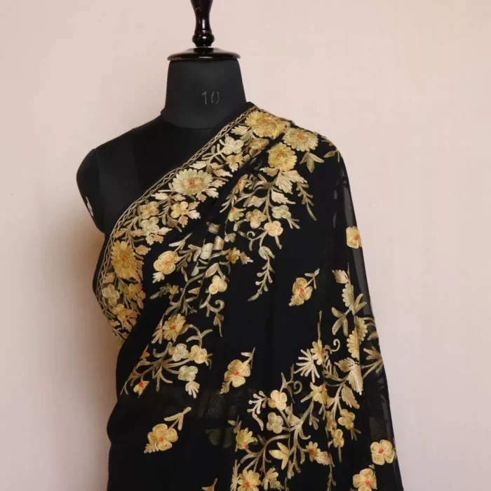 Black Georgette Saree With Kashmiri Aari Embroidery - Khizan Collection - Image 2