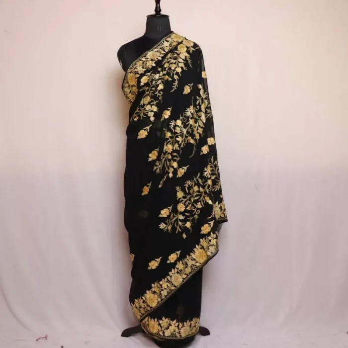 Black Georgette Saree With Kashmiri Aari Embroidery - Khizan Collection