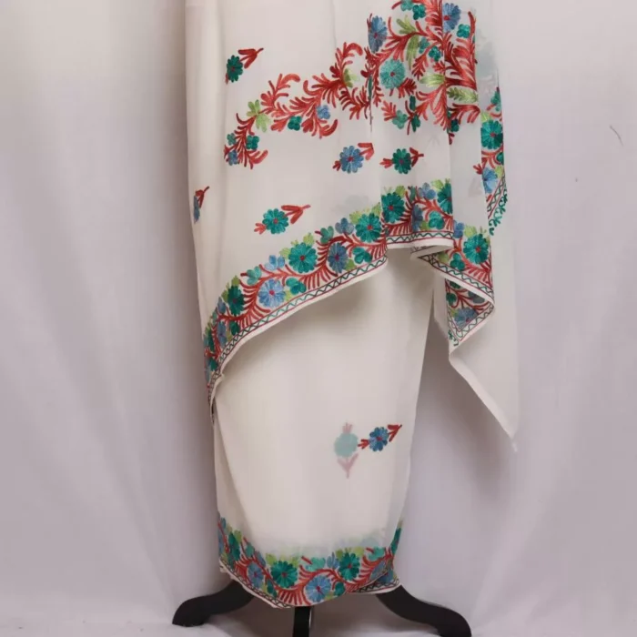 White Georgette Saree With Small Flowers in Aari Embroidery - Khizan Collection - Image 3