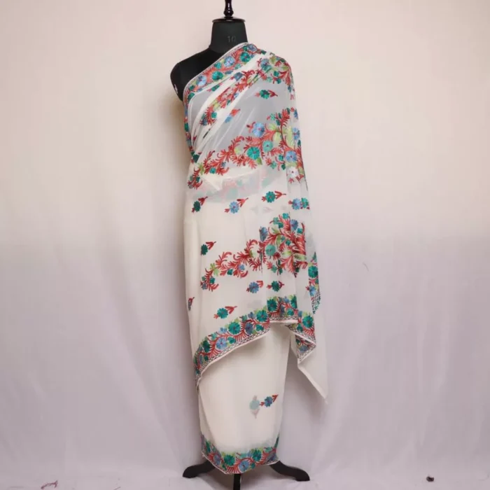 White Georgette Saree With Small Flowers in Aari Embroidery - Khizan Collection