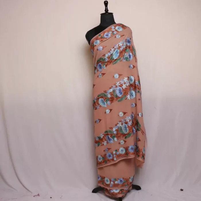 Mauve Pink Georgette Kashmiri Saree With Bluish Aari Embroidery - Khizan Collection