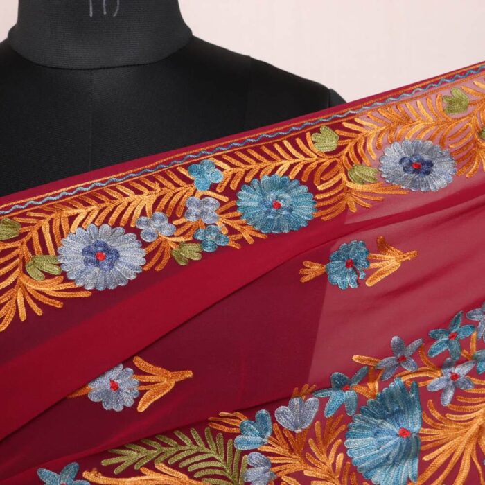 magenta Georgette Kashmiri Saree With Asmaani Aari Embroidery - Khizan Collection - Image 5