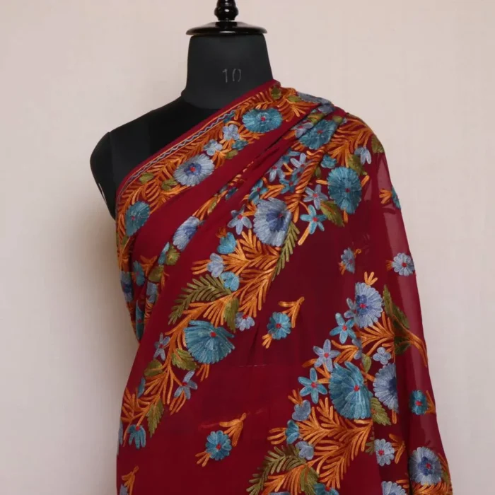 magenta Georgette Kashmiri Saree With Asmaani Aari Embroidery - Khizan Collection - Image 2