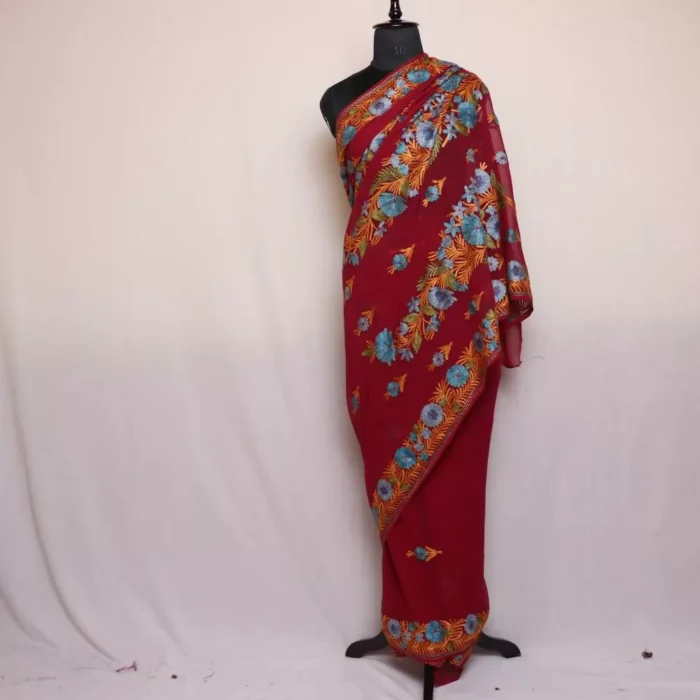 magenta Georgette Kashmiri Saree With Asmaani Aari Embroidery - Khizan Collection