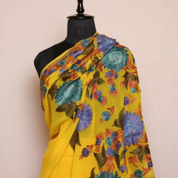 Yellow Georgette Kashmiri Saree Aari Embroidered – Khizan Collection - Image 3