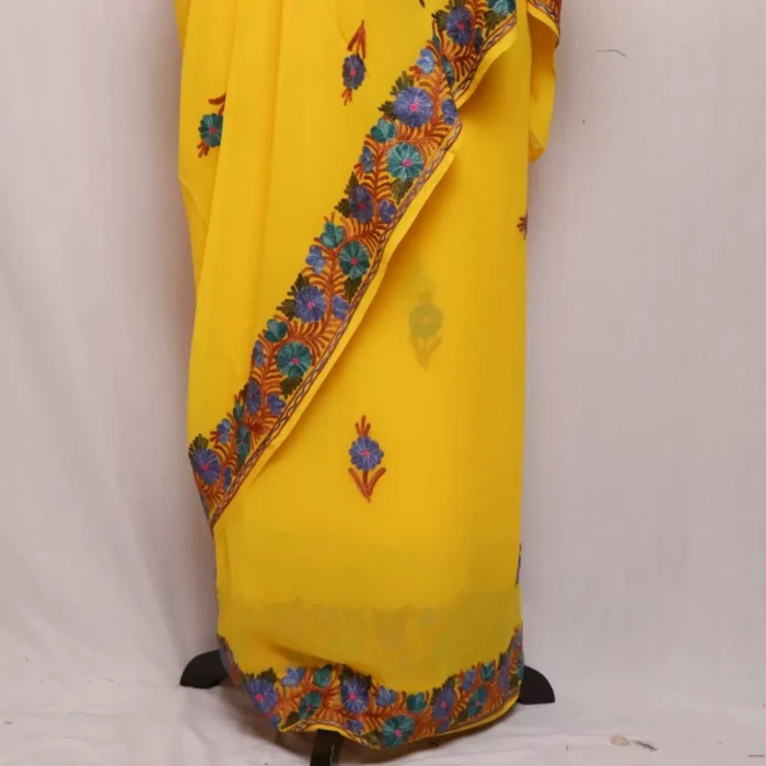 Yellow Georgette Kashmiri Saree Aari Embroidered – Khizan Collection - Image 2