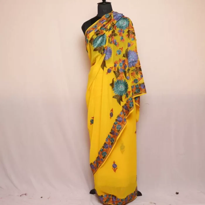 Yellow Georgette Kashmiri Saree Aari Embroidered – Khizan Collection