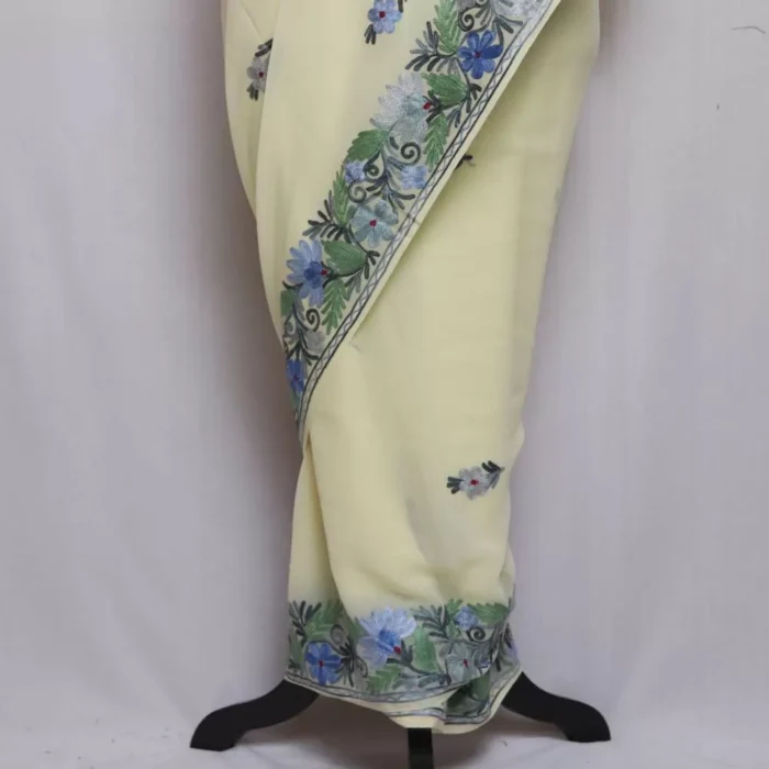 Light yellow Georgette Kashmiri Saree Aari Embroidered – Khizan Collection - Image 4