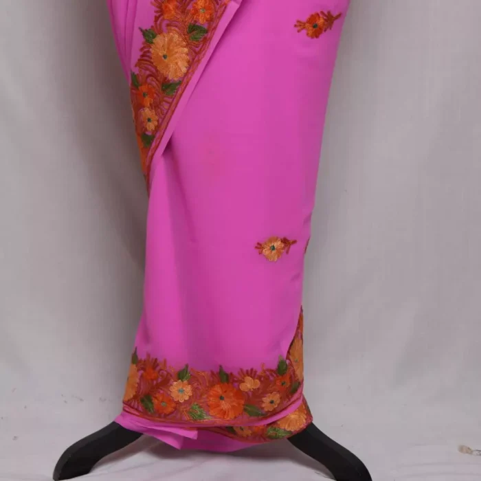 Pinky Georgette Kashmiri Saree Aari Embroidered – Khizan Collection - Image 3