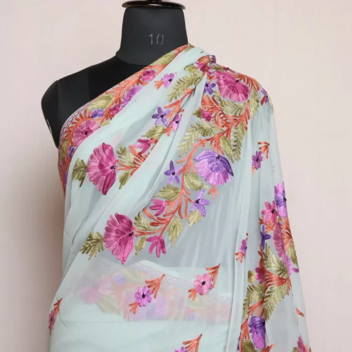 Beautiful Paste Shade Georgette Kashmiri Saree Aari Embroidered – Khizan Collection - Image 2