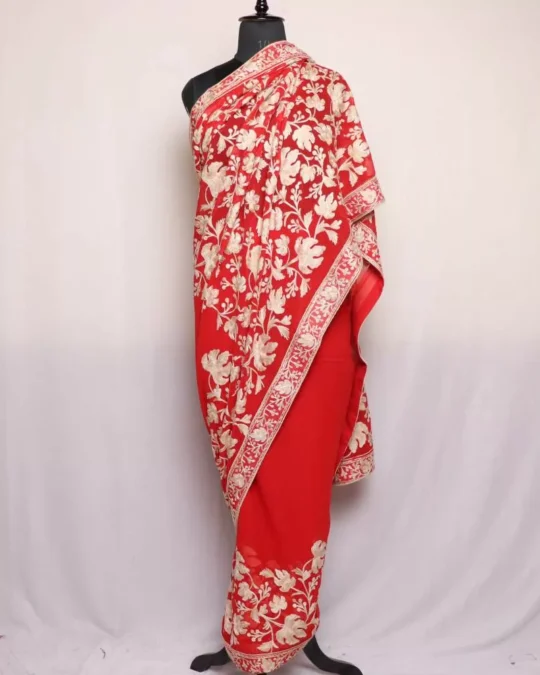 Red Chinari Georgette Kashmiri Saree Aari Embroidered – Khizan Collection