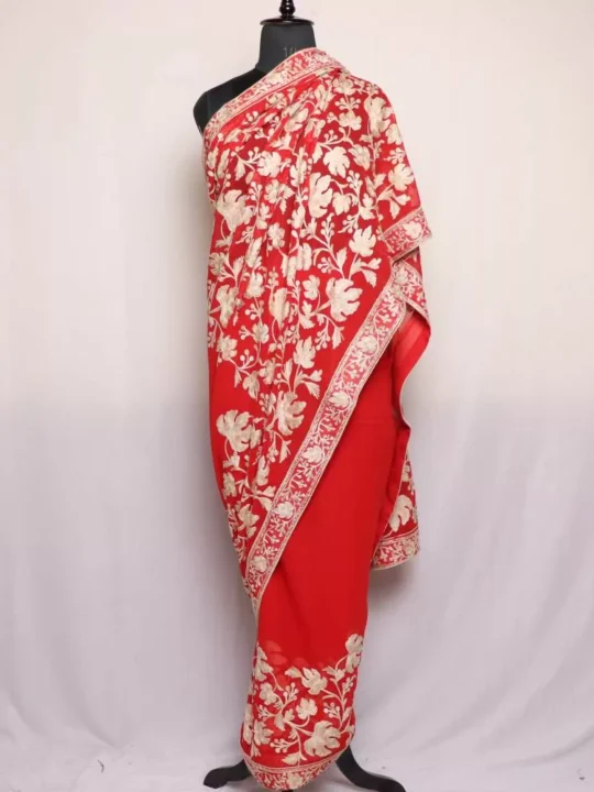 Red Chinari Georgette Kashmiri Saree Aari Embroidered – Khizan Collection