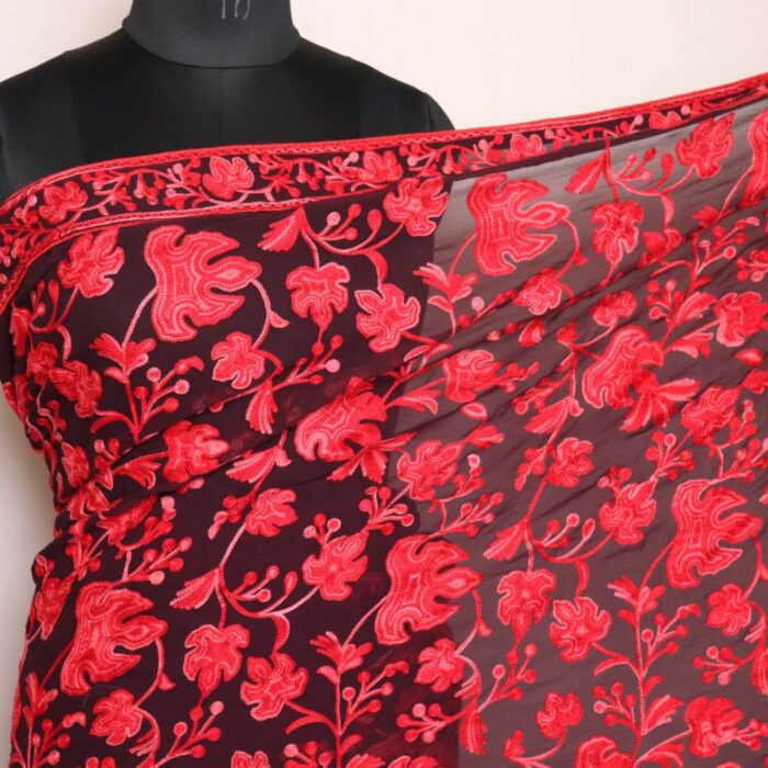 Wine Red Chinari Georgette Kashmiri Saree Aari Embroidered – Khizan Collection - Image 3