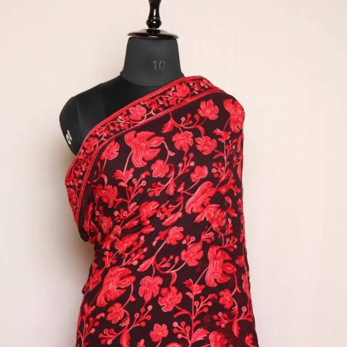 Wine Red Chinari Georgette Kashmiri Saree Aari Embroidered – Khizan Collection - Image 2