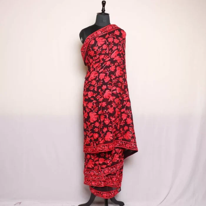Wine Red Chinari Georgette Kashmiri Saree Aari Embroidered – Khizan Collection