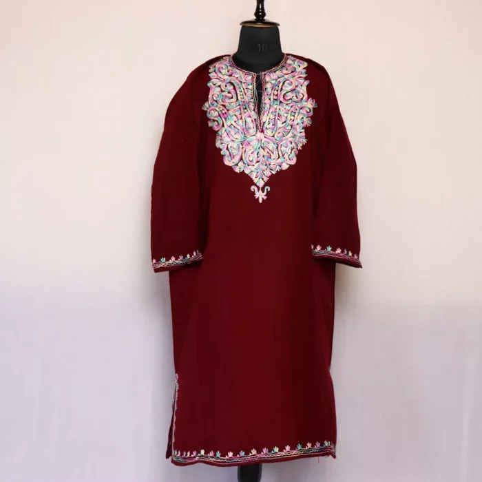 Maroon Noor Kashmiri Aari Embriodered Pheran | Dodhpathri Collection - Image 2