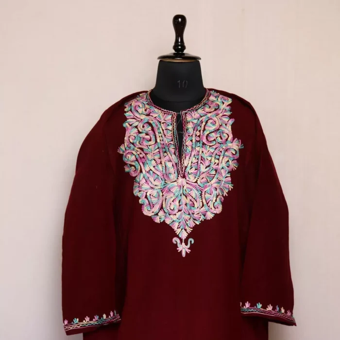 Maroon Noor Kashmiri Aari Embriodered Pheran | Dodhpathri Collection