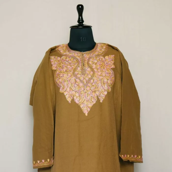 Light brown Saima Kashmiri Pheran For Women with Beautiful Aari Work  | Dodhpathri Collection - Image 2