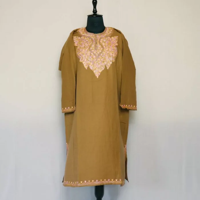 Light brown Saima Kashmiri Pheran For Women with Beautiful Aari Work  | Dodhpathri Collection