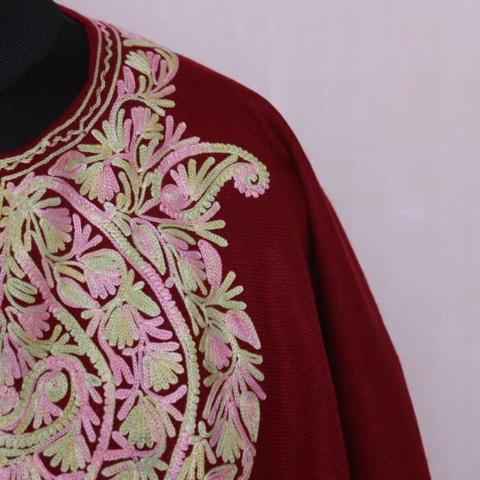 Maroon Poncho from Kashmir With Aari Embroidery - Khushi Collection - Image 2