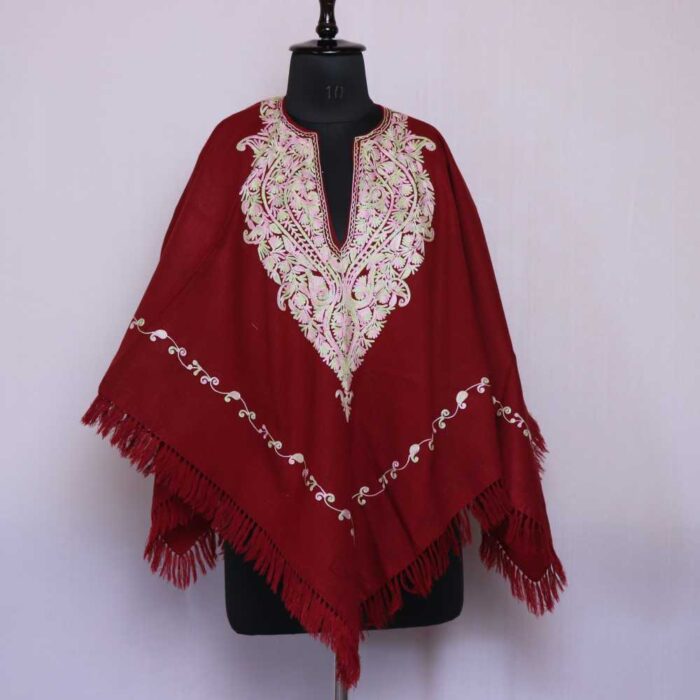 Maroon Poncho from Kashmir With Aari Embroidery - Khushi Collection