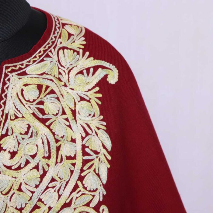Maroon Lyodur Kashmiri Aari Embroidery Poncho - Khushi Collection - Image 2