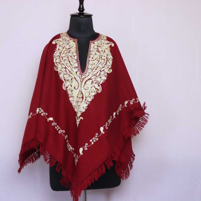 Maroon Lyodur Kashmiri Aari Embroidery Poncho - Khushi Collection