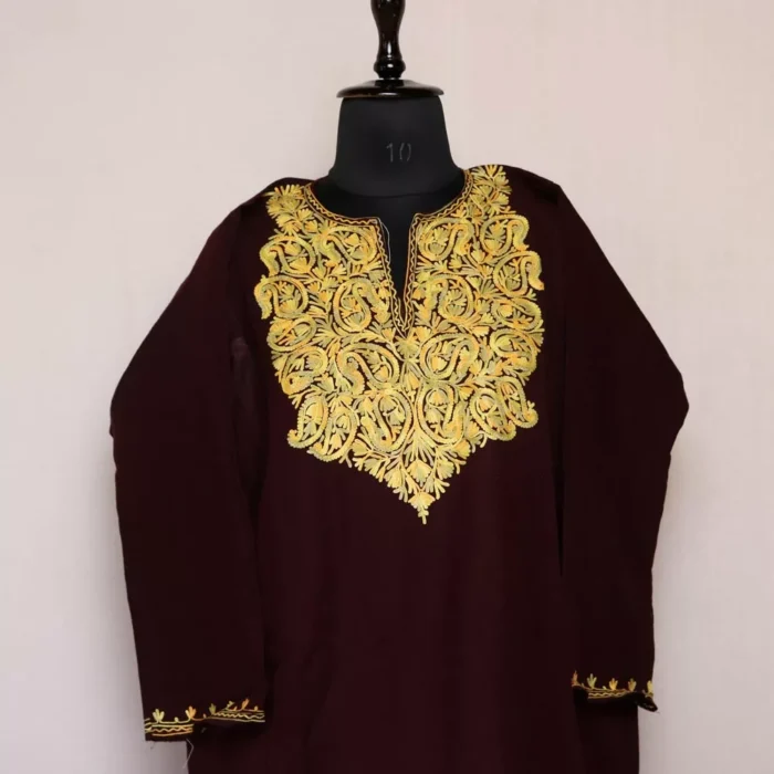 Wine Harud Kashmiri Phiran For Ladies with Aari Work