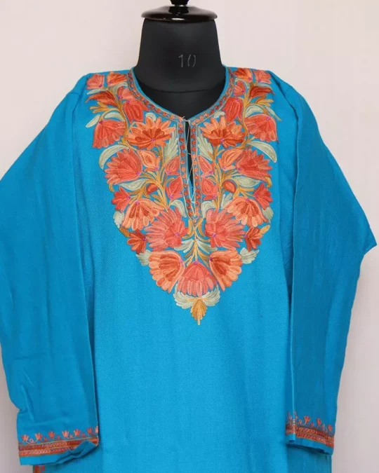 Kashmiri Dress - Aari Work Pheran - Blue Premium Cashmilon