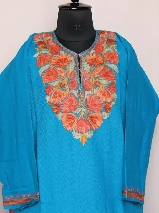 Kashmiri Dress - Aari Work Pheran - Blue Premium Cashmilon