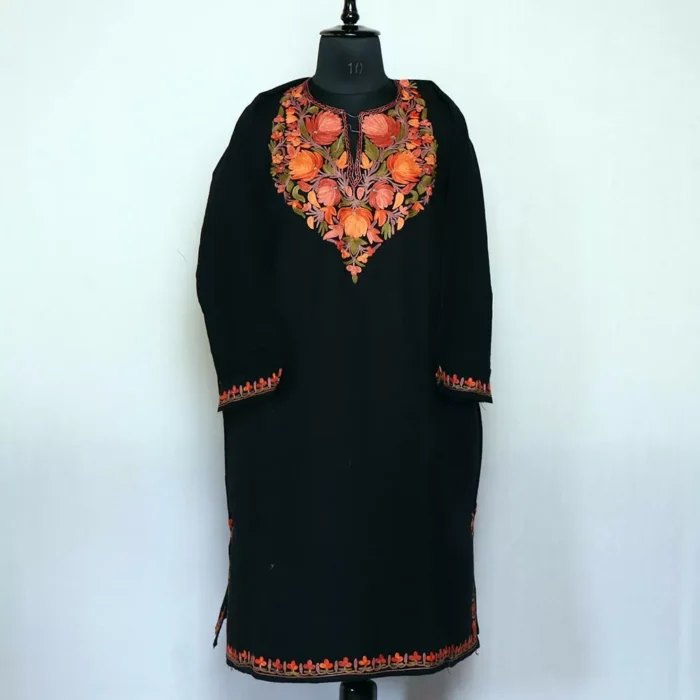 Kashmiri Pheran For Women - Black Posh Bagh Premium Cashmilon with Aari Work - Image 2