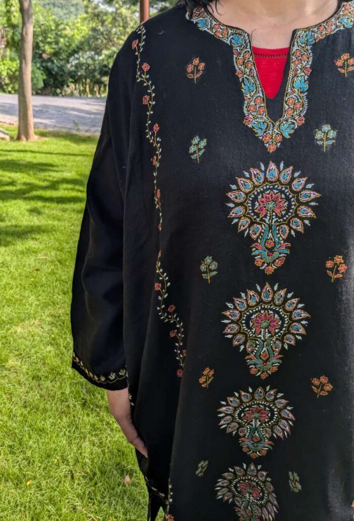 Shaheen Designer Pheran- Black Raffal With Sozni Handwork - Image 2