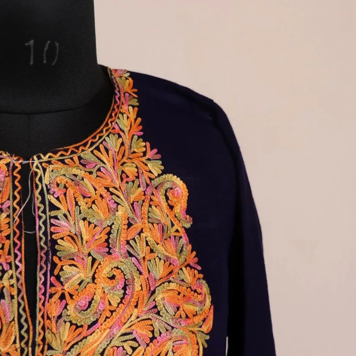 Dark Blue Kashmiri Pheran For Women -  Cashmilon with Aari Work  | Khoobsurat Collection - Image 3