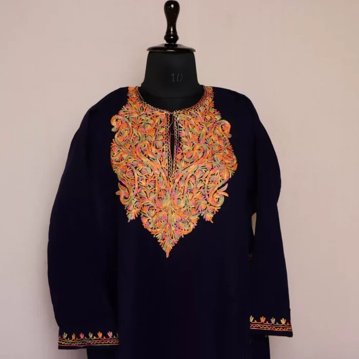 Dark Blue Kashmiri Pheran For Women -  Cashmilon with Aari Work  | Khoobsurat Collection