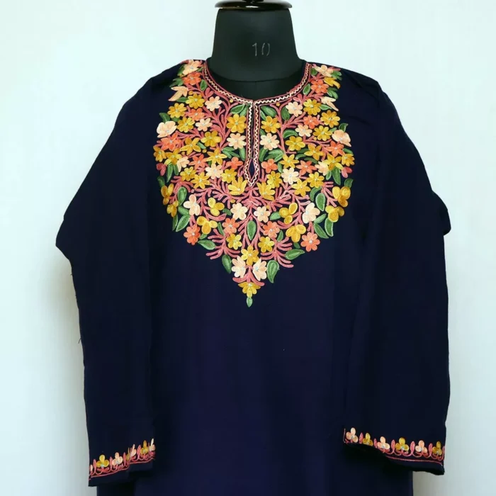 Dark Blue Phiran Premium Cashmilon with Aari Work