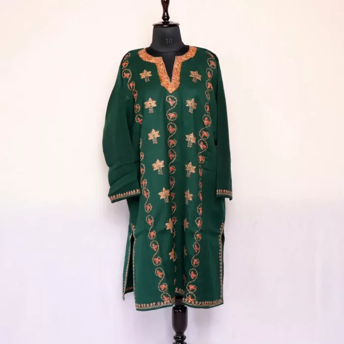 Naira Designer Pheran- Dark Green Raffal With Kashmiri Sozni Handwork - Image 2