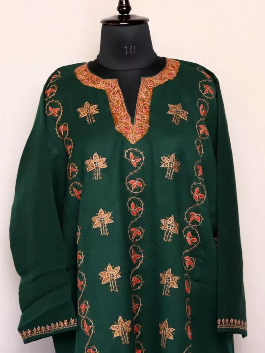 Naira Designer Pheran- Dark Green Raffal With Kashmiri Sozni Handwork