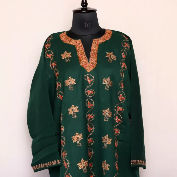 Naira Designer Pheran- Dark Green Raffal With Kashmiri Sozni Handwork